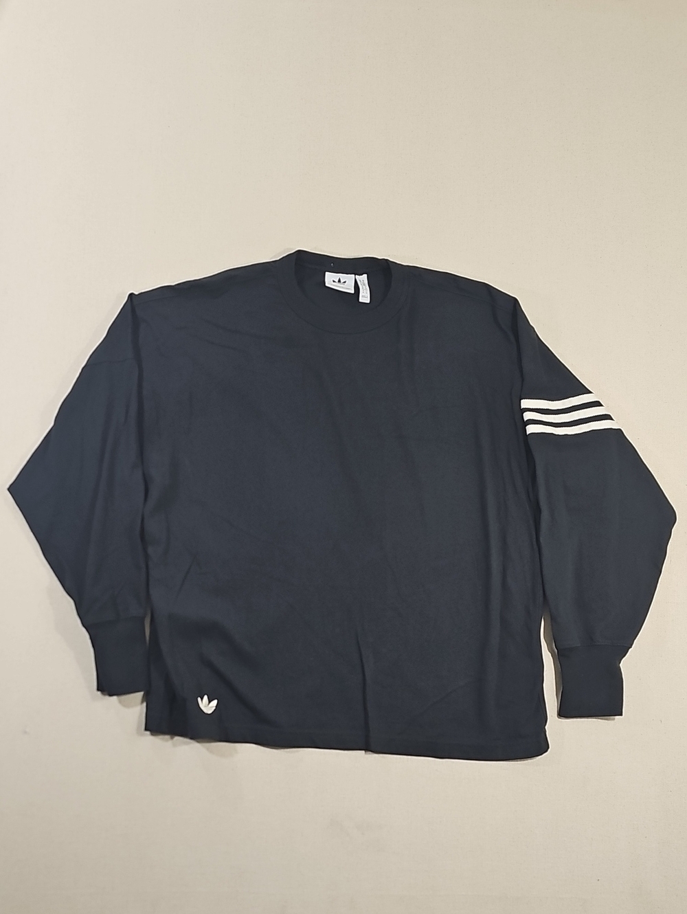 adidas Black Long-Sleeve Crew with White Sleeve Stripes